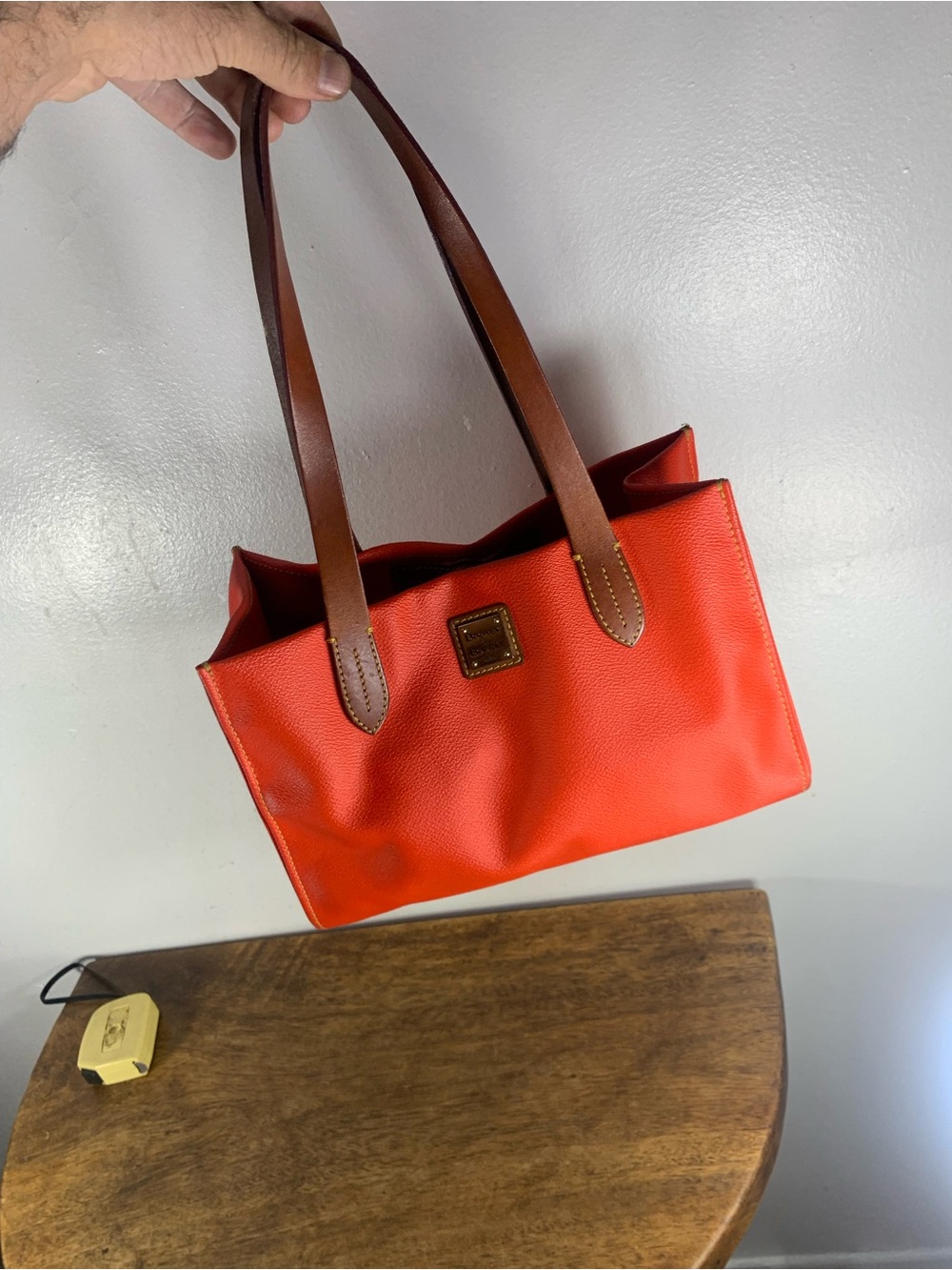 Vintage Dooney & Boorke Coral Orange Leather Shoulder Tote Bag Brown Handles